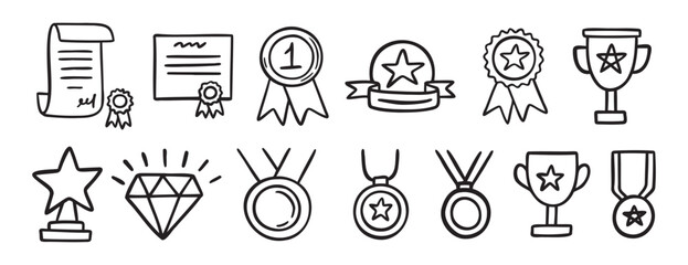 Fototapeta na wymiar medal honor award related doodle hand drawn icon set. Outline drawing winner line clipart symbol collection