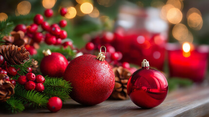 Obraz premium Christmas background with red festive decorations and ornaments, holiday celebration composition, vibrant seasonal colors, with copy space