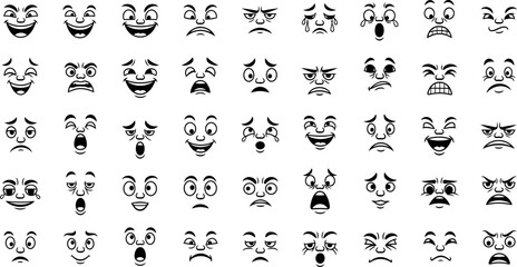 Cartoon retro faces. Vintage emotional face with mascot characters funny faces , eyes and mouths elements