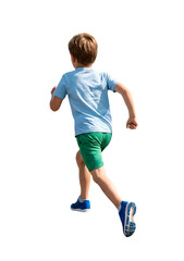 jeune garçon en tenue de sport courant vu de dos, dynamique et en mouvement, illustrant...