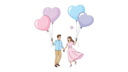 Love's Ascent: A whimsical illustration depicts a couple ascending, their hands clasped and tethered to heart-shaped balloons, symbolizing the flight of love and shared dreams. 
