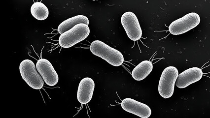 High-resolution electron micrograph showcasing active rod-shaped bacteria with flagella for biological study