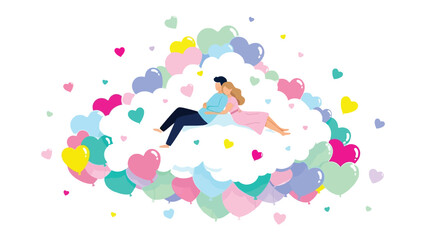 Cuddle in Love Cloud: A loving couple reclines within a cloud of hearts and balloons, embracing a world of love, hope, and tenderness. 