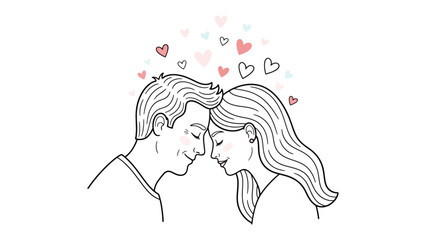 Intimate Connection: A tender portrayal of a couple sharing a moment of pure affection, surrounded by the symbolic charm of hearts, illustrating the beauty of human connection.