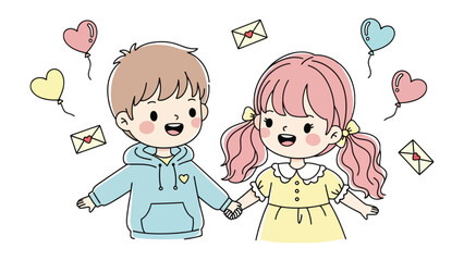 Childhood Friendship: A vibrant depiction of two smiling children, hand-in-hand, surrounded by heart-shaped balloons and letters.