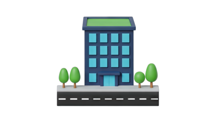 Stylized Blue Building with Green Roof and Trees Beside Road on Transparent Background