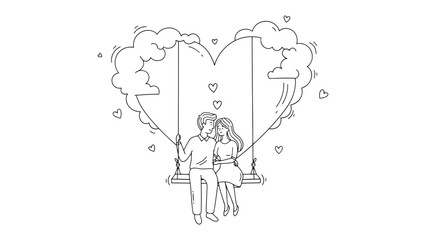 Love's Embrace in the Clouds: A tender couple shares a swing, their silhouettes framed by a heart-shaped cloud, symbolizing their love's boundless expanse.