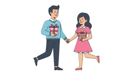 Gift of Romance: A lovely pair, locked in an intimate moment, steps forward together, each grasping a carefully wrapped present, a promise of shared joy and tender affection. 