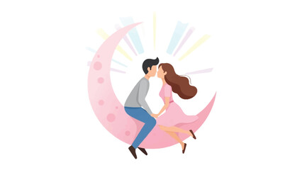 Romantic Kiss on Moon: Two figures embrace and share a tender moment atop a crescent moon, creating a dreamy scene of affection and adoration.