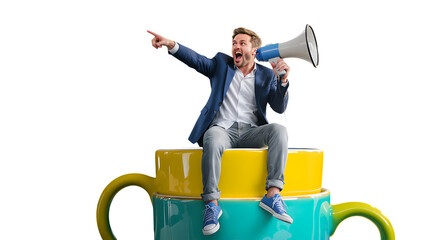 Businessman shouting on colorful coffee mugs concept for communication isolated on transparent background
