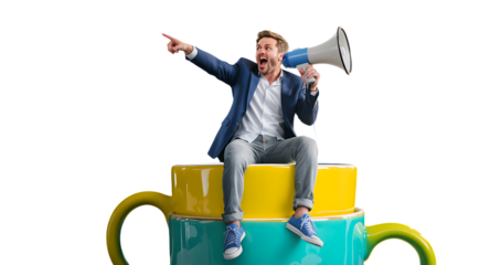 Businessman shouting on colorful coffee mugs concept for communication isolated on transparent background