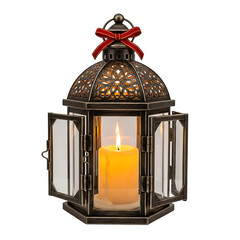 Beautiful lantern with candle inside on white background