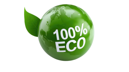 100% Eco Globe with Leaf on Transparent Background
