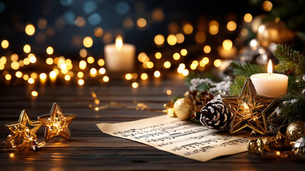 Festive Christmas mood with music theme, holiday celebration atmosphere, defocused lights and decorations, with copy space