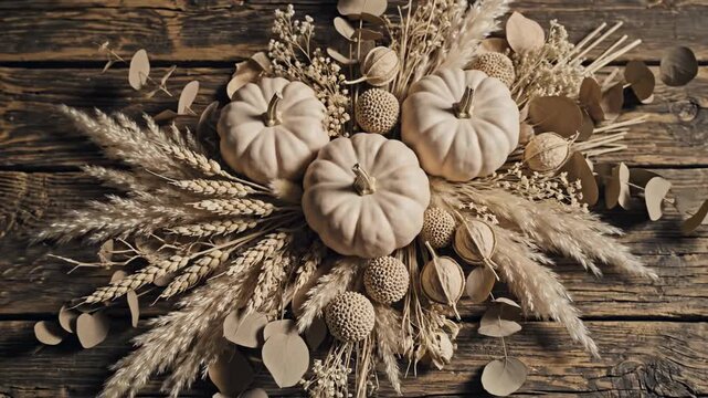 An overhead flat lay shot slowly pulls back to reveal an expanding arrangement of neutral beige mini pumpkins and dried botanicals on a rustic wooden table farm fresh, arrangement, stock video