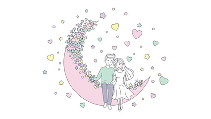 Eternal Serenade: A tender couple shares a moment of affection, seated atop a crescent moon adorned with delicate flowers, amidst a scattering of stars and hearts.