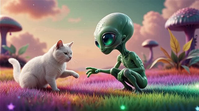 A friendly encounter between a white cat and a green alien on a surreal mushroom.
With motion blur and bokeh background.