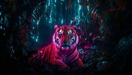 A striking tiger relaxes among lush greenery illuminated by glowing neon lights. The vibrant colors create a surreal atmosphere in this nighttime jungle scene
