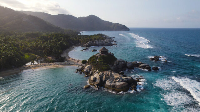 Aerial View of Cabo San Juan Coastal Landscape with Wooden Hut Viewpoint, Tayrona National Park, Colombia