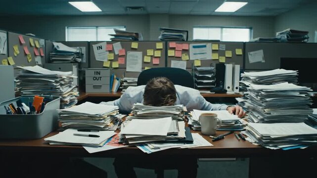 Overwhelmed office worker slumped over a desk piled high with paperwork