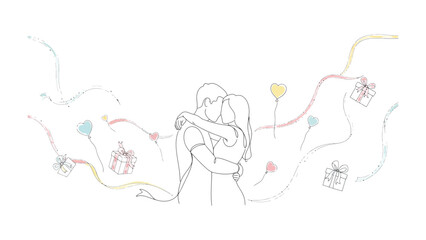 Embracing Together: A tender embrace between two individuals, framed by soft lines and floating symbols of love and generosity, represents the essence of human connection.