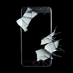 Smartphone with shattered glass screen on a stark for repair concepts