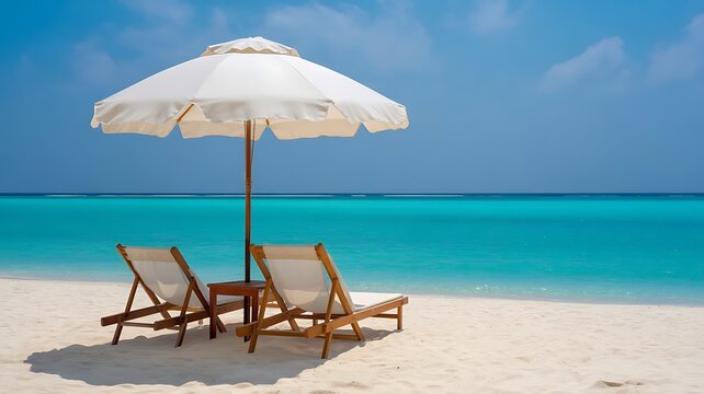 Seaside Relaxation: Two empty beach chairs invite tranquility and serenity under a pristine umbrella, offering shade from the sun. The idyllic beach, with its fine sand and clear turquoise water.