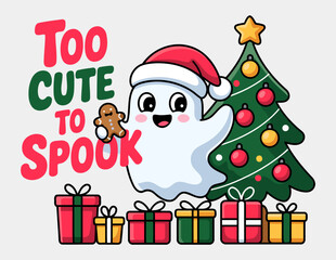 Too Cute to Spook Ghost with Gingerbread and Colorful Christmas Tree