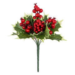 Artificial holly plant with red berries on white background