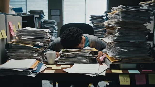 Overwhelmed person sleeping on a desk buried in towering stacks of paper