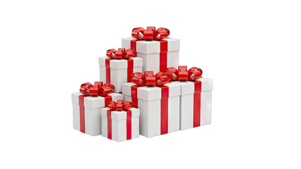 Stack Of White Gift Boxes Tied With Red Ribbon And Bows Isolated On Transparent Background For Festive Occasions And Celebrations