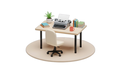 Stylized Isometric Illustration of a Desk with a Vintage Typewriter Books a Potted Plant and a Chair on a Transparent Background Ideal for Creative Concepts