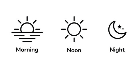 Day and night icons set. Morning sunrise, noon sun, and night moon with stars symbols. Time of the day signs. Rising and setting sun, crescent moon and star