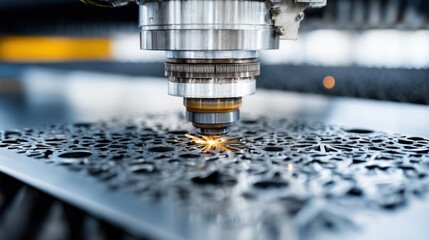 Medium shot of a worker monitoring the blanking process as a machine cuts intricate and irregular metal parts from a flat sheet with precision.