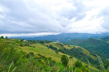 Fototapeta premium 경관, sky, 마운튼, 네이처, 목초, green, 여름, 들판, 목초지, 구름, 나무, 고개, 경치, 시골, 봄, 농촌, 수평선, 계곡, 태양, beautiful, 장면