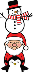 A cheerful Christmas character stack with a snowman Santa Claus and a penguin in a vertical totem.