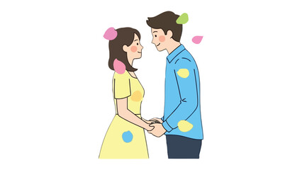 Love's Embrace: A couple stands face to face, holding hands, eyes locked in a gaze that speaks of love and devotion. Petals gently fall around them, creating a serene and romantic atmosphere.