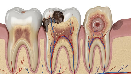 Dental health progression from healthy teeth to severe decay and infection
