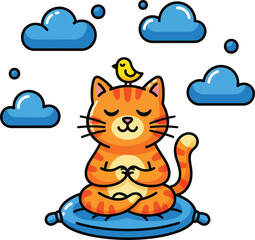A cute orange tabby cat meditating peacefully in a lotus pose with a small yellow bird on its head.