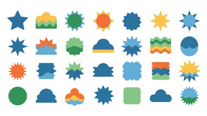 Collection of Geometric Shapes and Abstract Icons: Stars, Sun, Waves, and Clouds