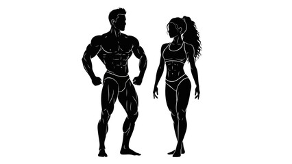 Muscular Male and Female Silhouettes Posing in Fitness Apparel - Strong Bodybuilders
