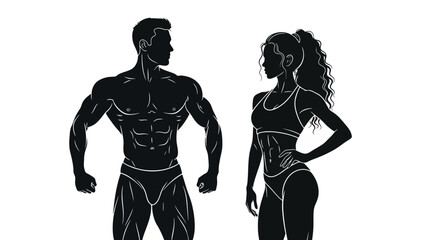 Athletic Man and Woman Silhouettes Posing in Fitness Attire, Vector Illustration