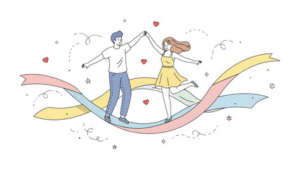 Affectionate couple dancing on ribbon: A young couple gracefully dances on flowing ribbons, expressing love. A heartwarming scene with hearts and joyful movement.