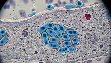 Microscopic view of bacteria within a tissue sample, stained for visibility