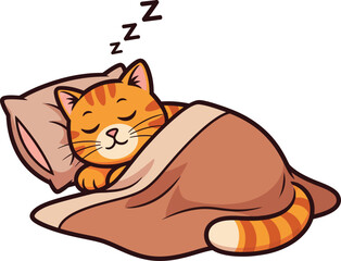 Adorable orange tabby cartoon cat sleeping peacefully in bed tucked under a cozy brown blanket.