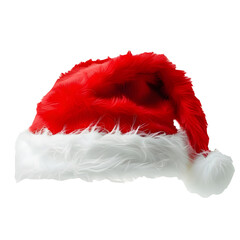 A classic Santa Claus hat with a fluffy white trim,