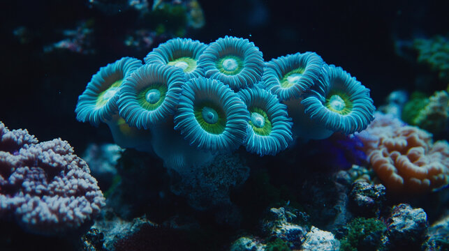 Close-up view of vibrant blue-green zoanthid coral polyps with yellow centers in a marine aquarium setting, showcasing their intricate details and texture