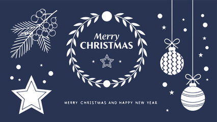 Set of three card Merry Christmas and Happy New Year. Christmas vector card designs using tree, silver glass balls, stars, sequins and elegant lettering a deep blue gradient background. 