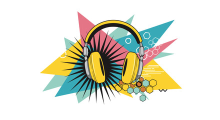 A bright graphic design composition with yellow headphones on a colorful abstract background of retro-style geometric shapes and patterns.