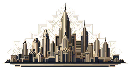 An elegant and luxurious cityscape illustration in a classic Art Deco style featuring geometric patterns in gold and black colors.